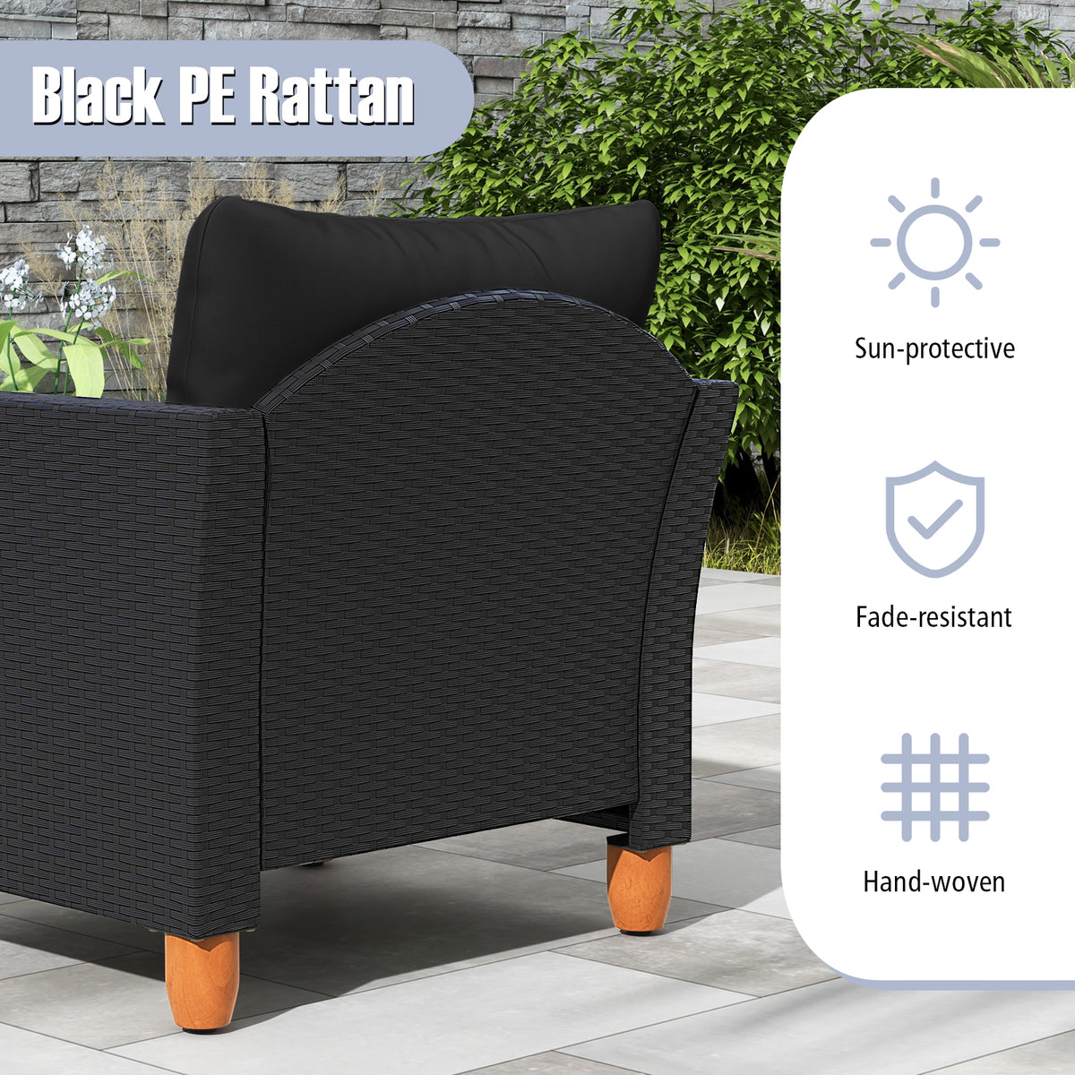 3-Piece Patio Wicker Furniture Set with Cushions & Acacia Coffee Table - Black Rattan