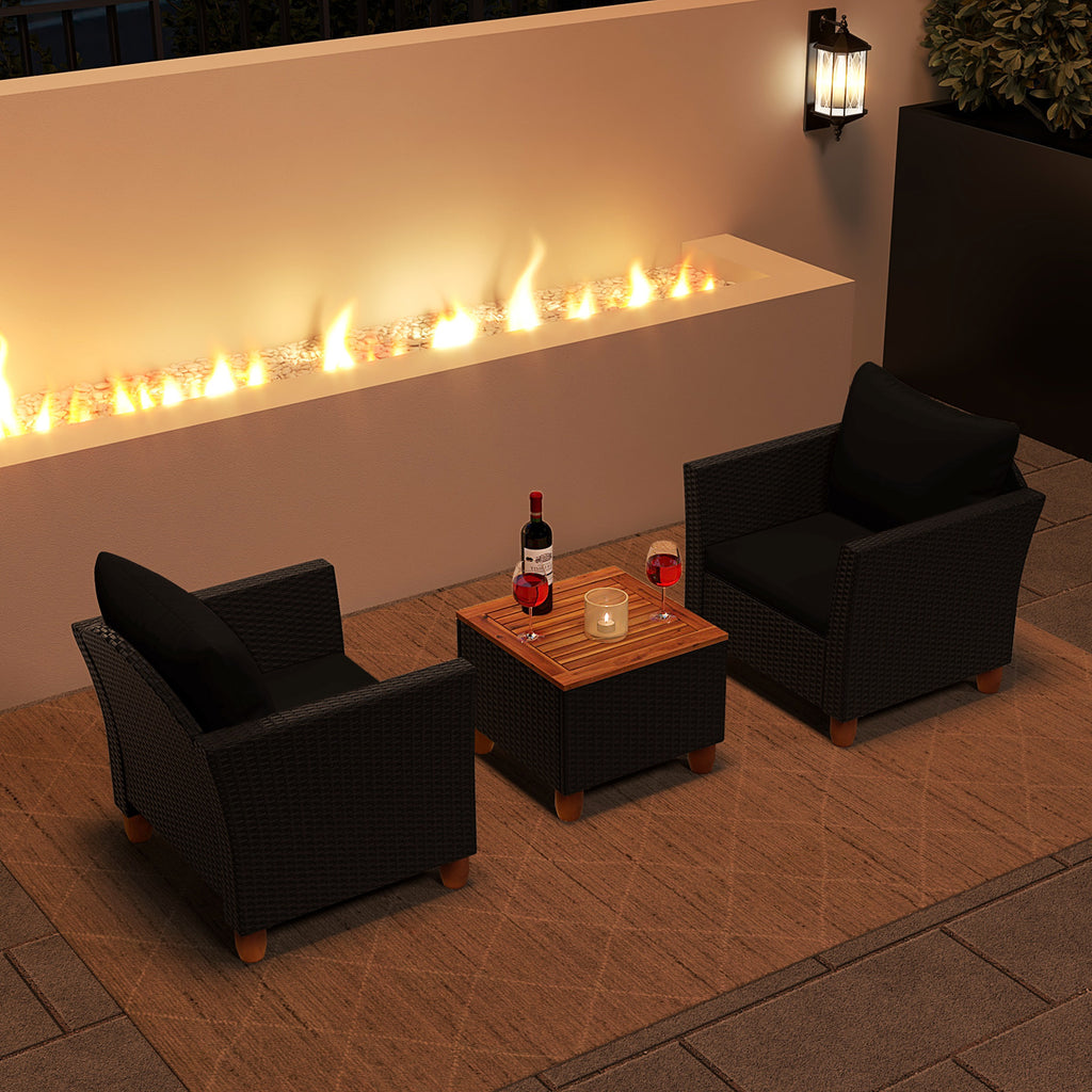 3-Piece Patio Wicker Furniture Set with Cushions & Acacia Coffee Table - Black Rattan