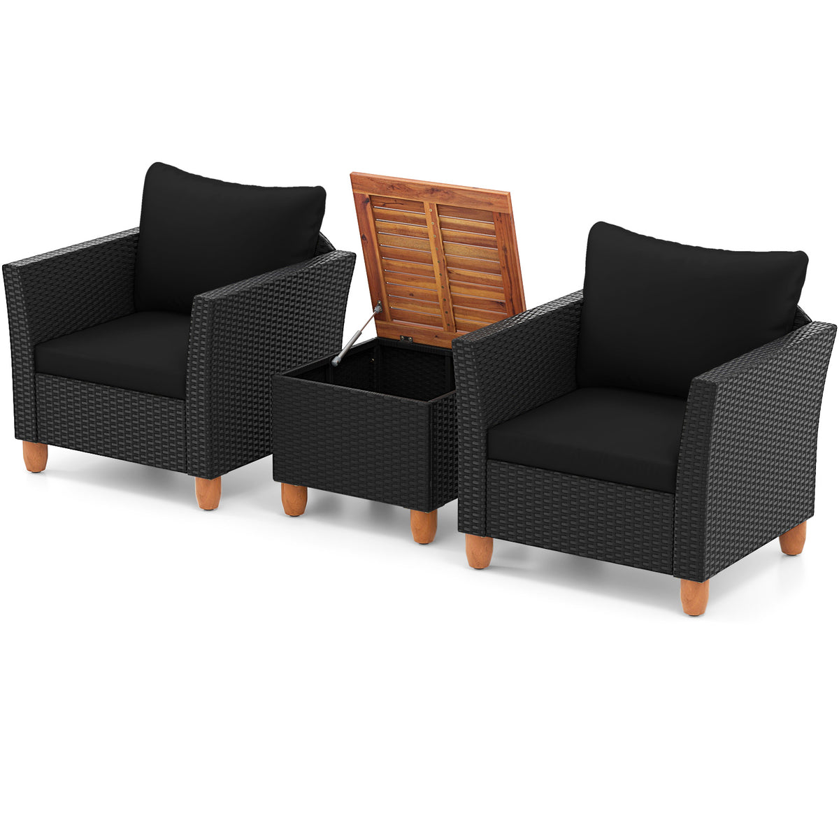3-Piece Patio Wicker Furniture Set with Cushions & Acacia Coffee Table - Black Rattan