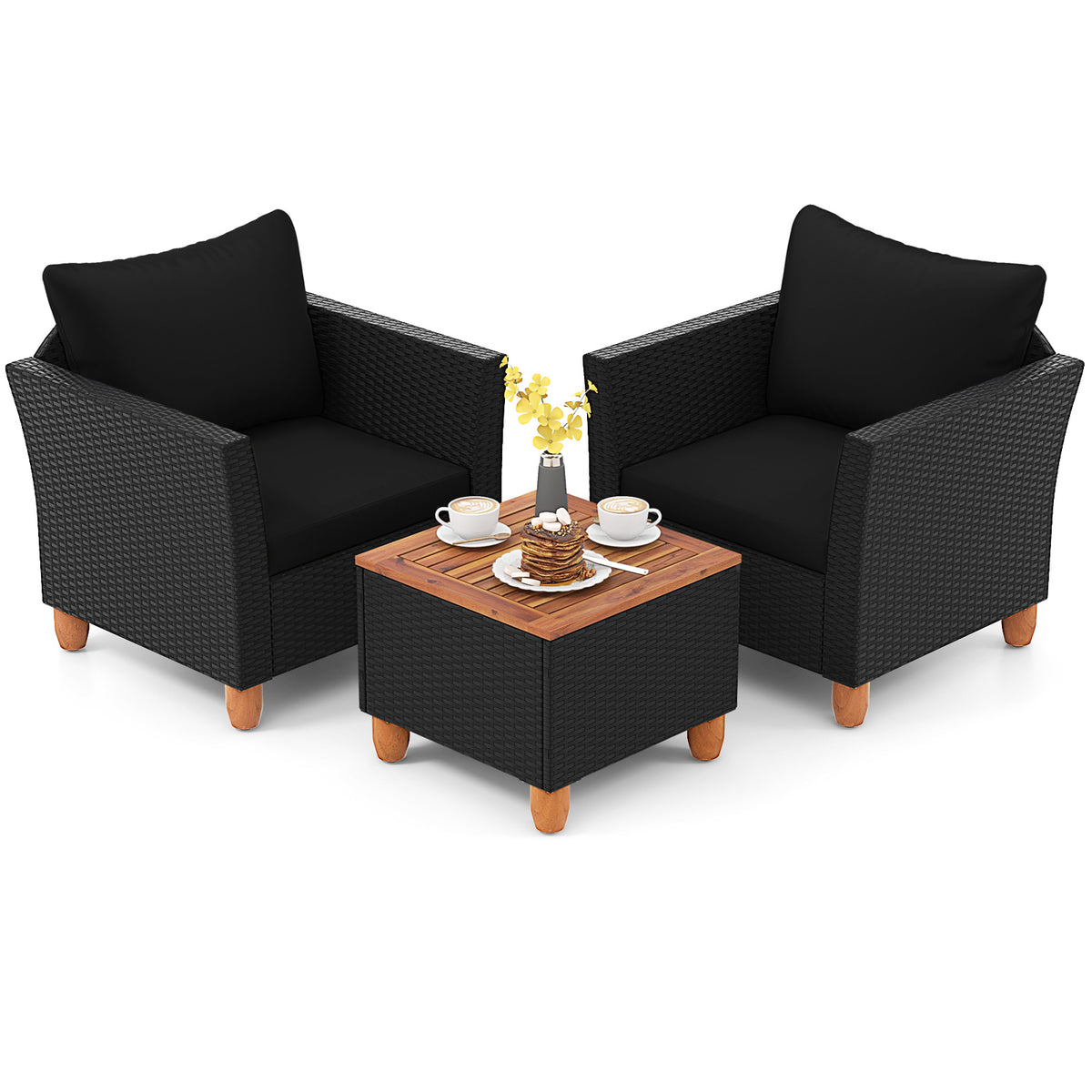 3-Piece Patio Wicker Furniture Set with Cushions & Acacia Coffee Table - Black Rattan