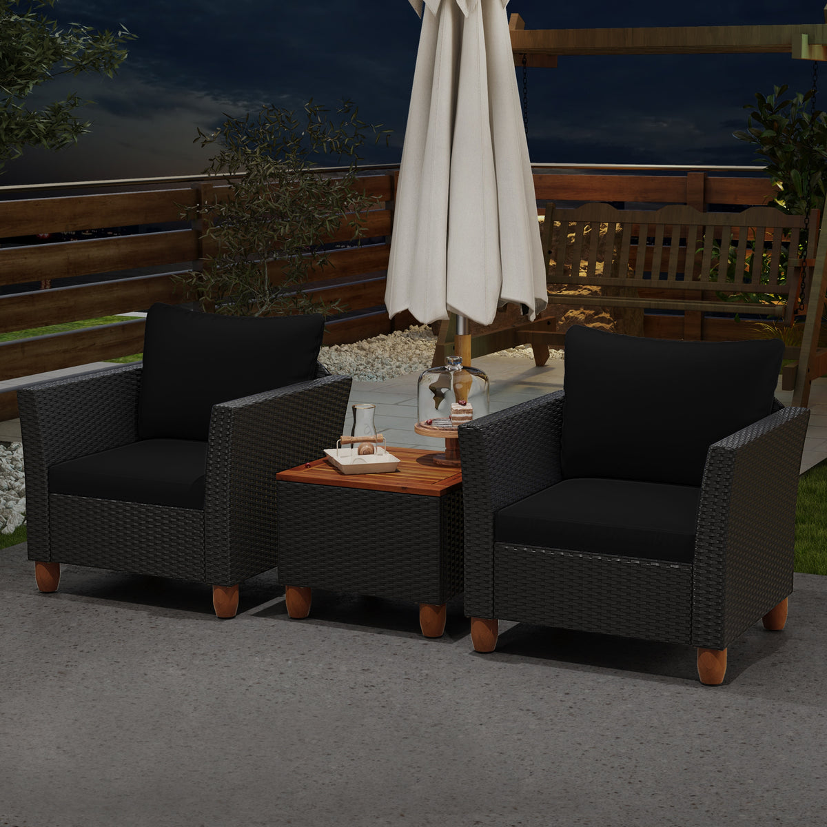 3-Piece Patio Wicker Furniture Set with Cushions & Acacia Coffee Table - Black Rattan