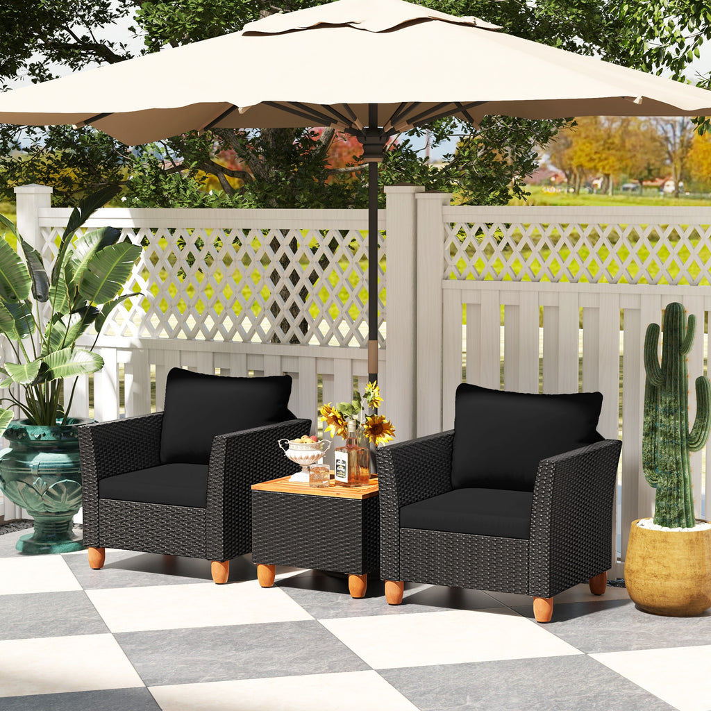 3-Piece Patio Wicker Furniture Set with Cushions & Acacia Coffee Table - Black Rattan
