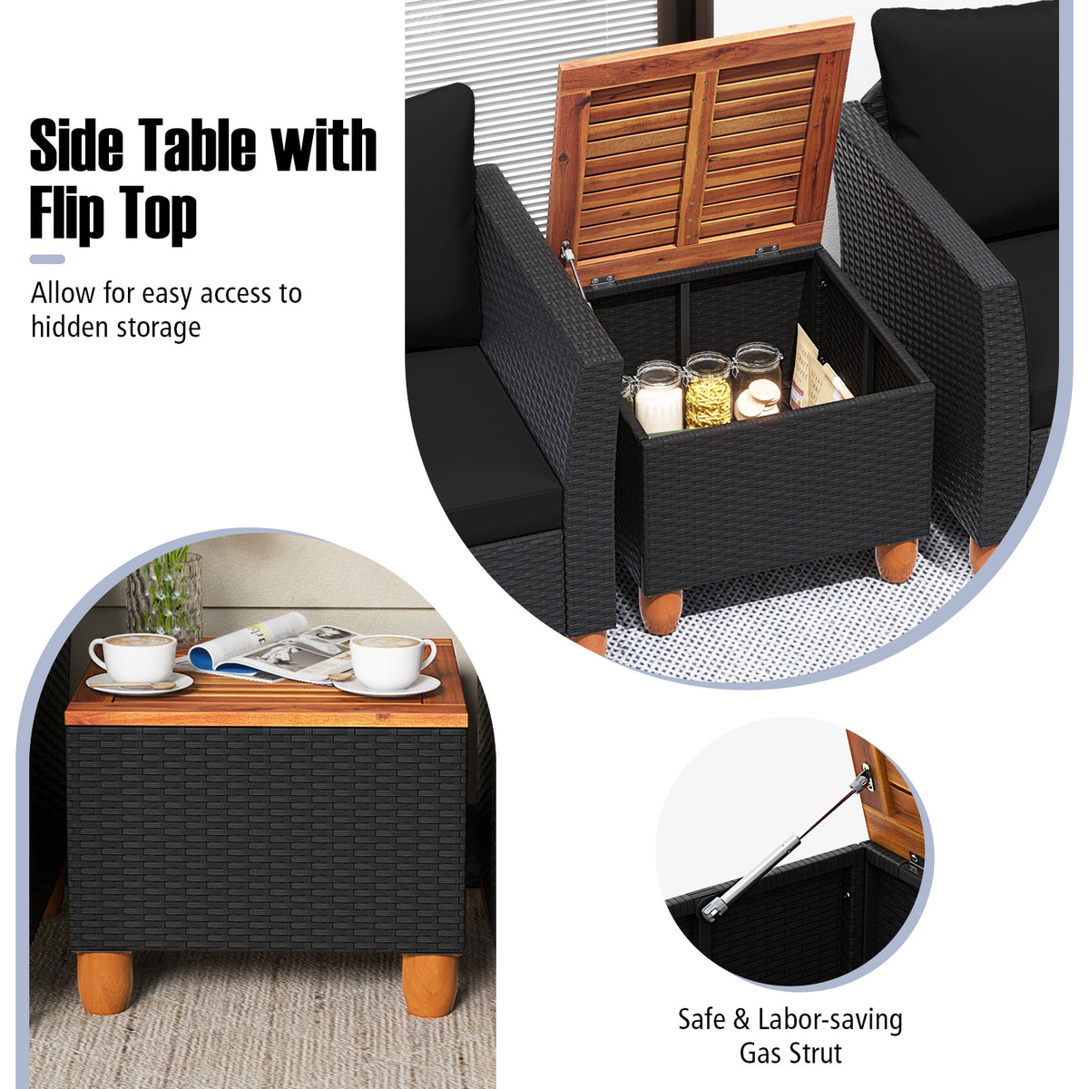 3-Piece Patio Wicker Furniture Set with Cushions & Acacia Coffee Table - Black Rattan