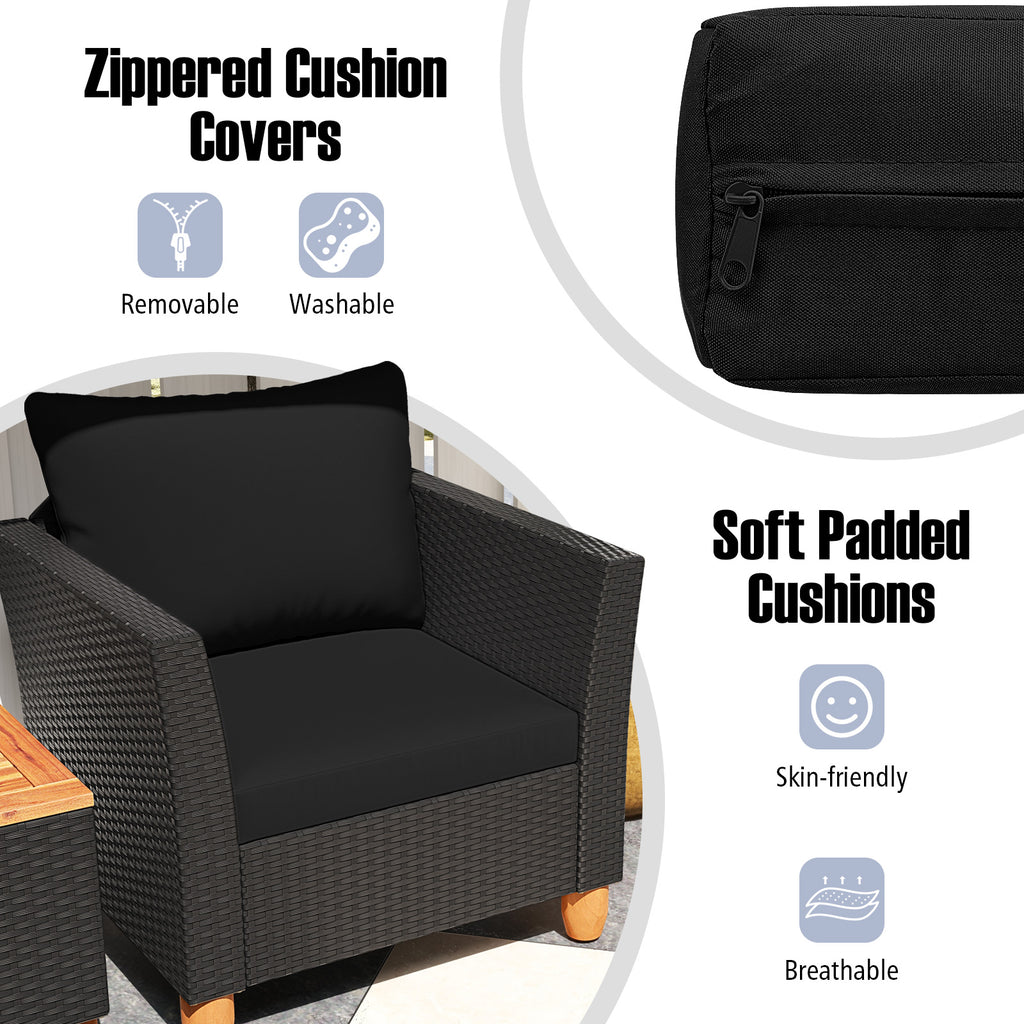 3-Piece Patio Wicker Furniture Set with Cushions & Acacia Coffee Table - Black Rattan
