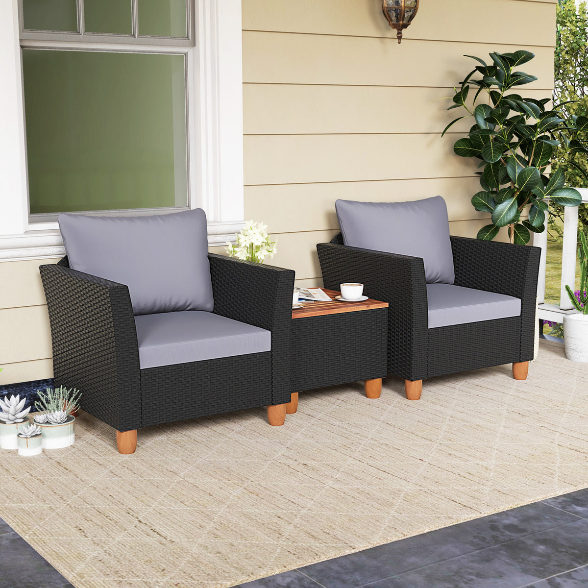 Black Rattan Patio Set with Cushions & Acacia Wood Coffee Table
