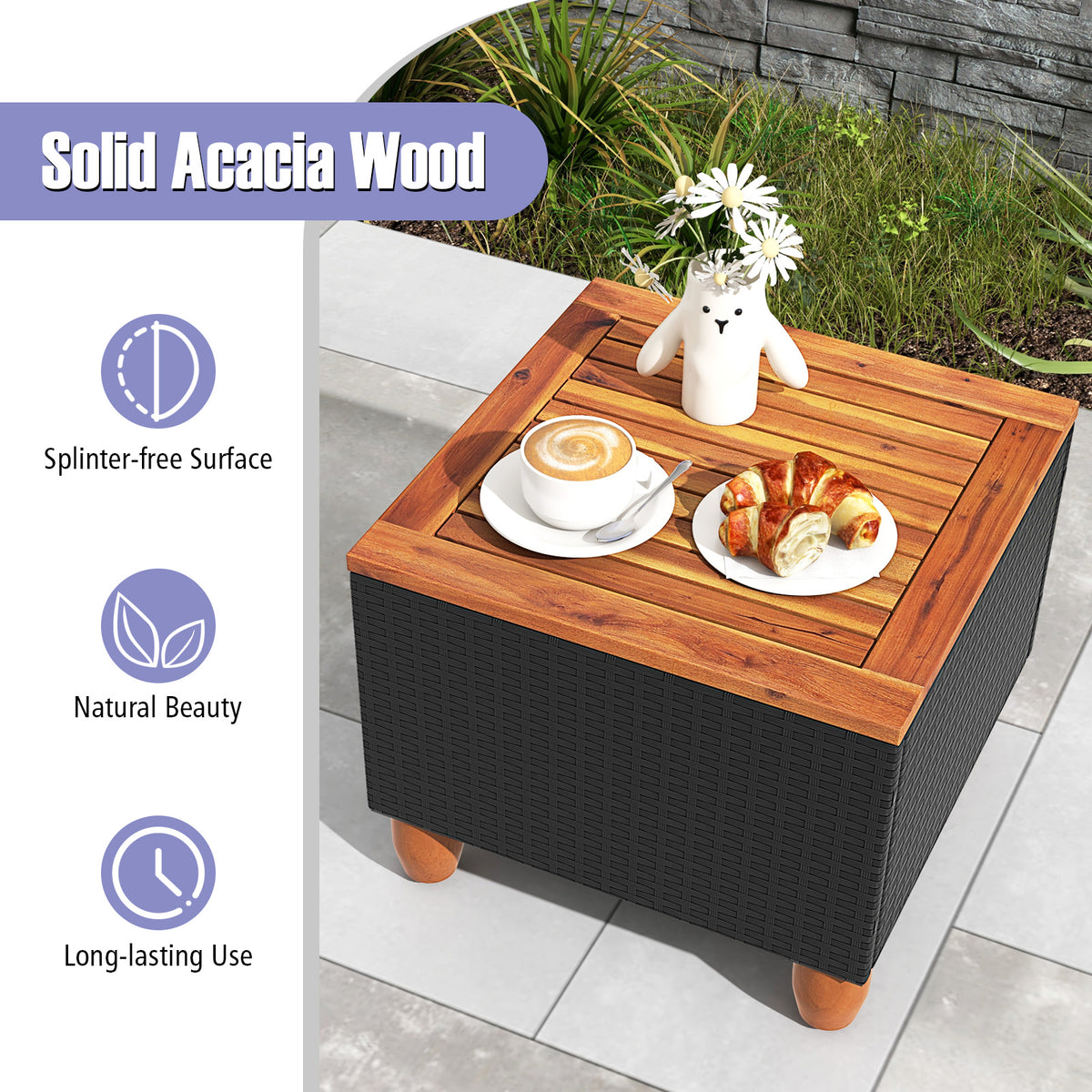 Black Rattan Patio Set with Cushions & Acacia Wood Coffee Table