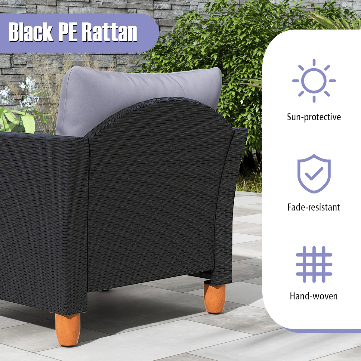 Black Rattan Patio Set with Cushions & Acacia Wood Coffee Table