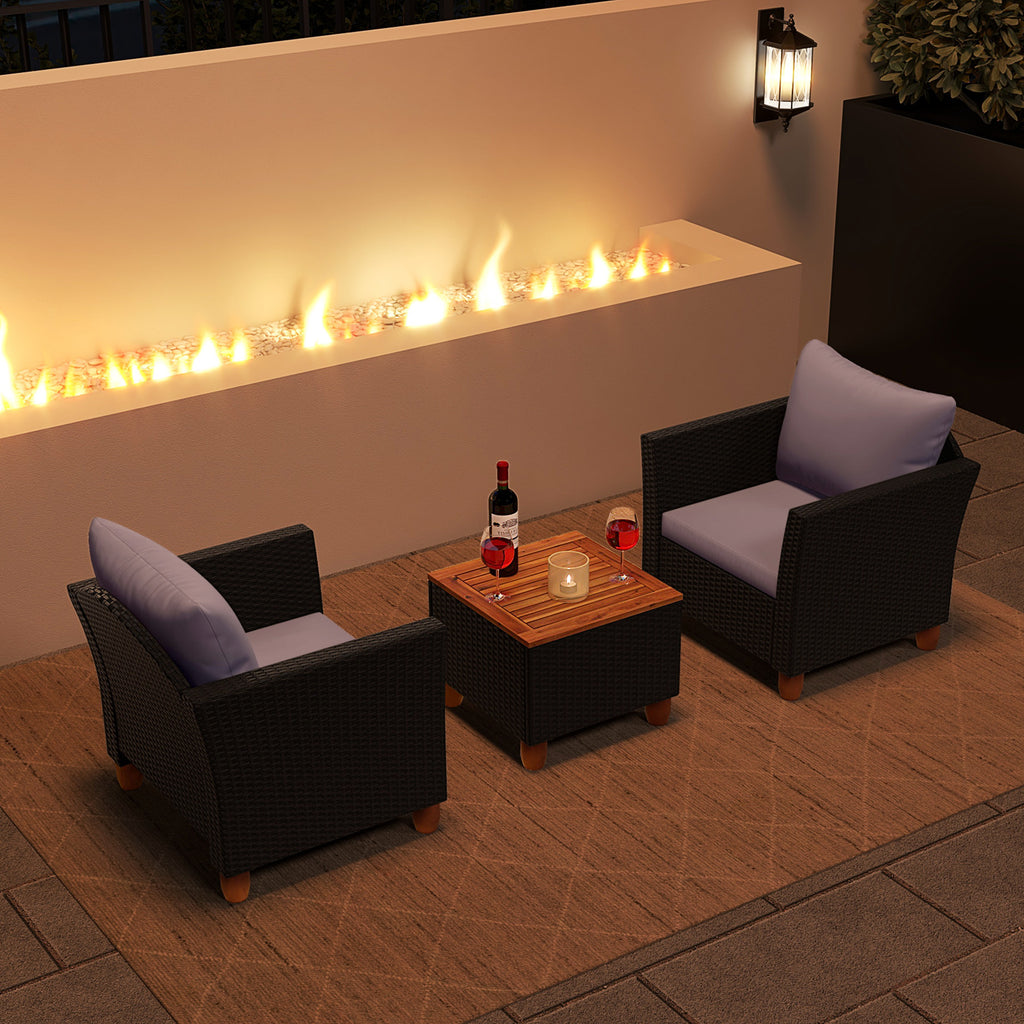 Black Rattan Patio Set with Cushions & Acacia Wood Coffee Table