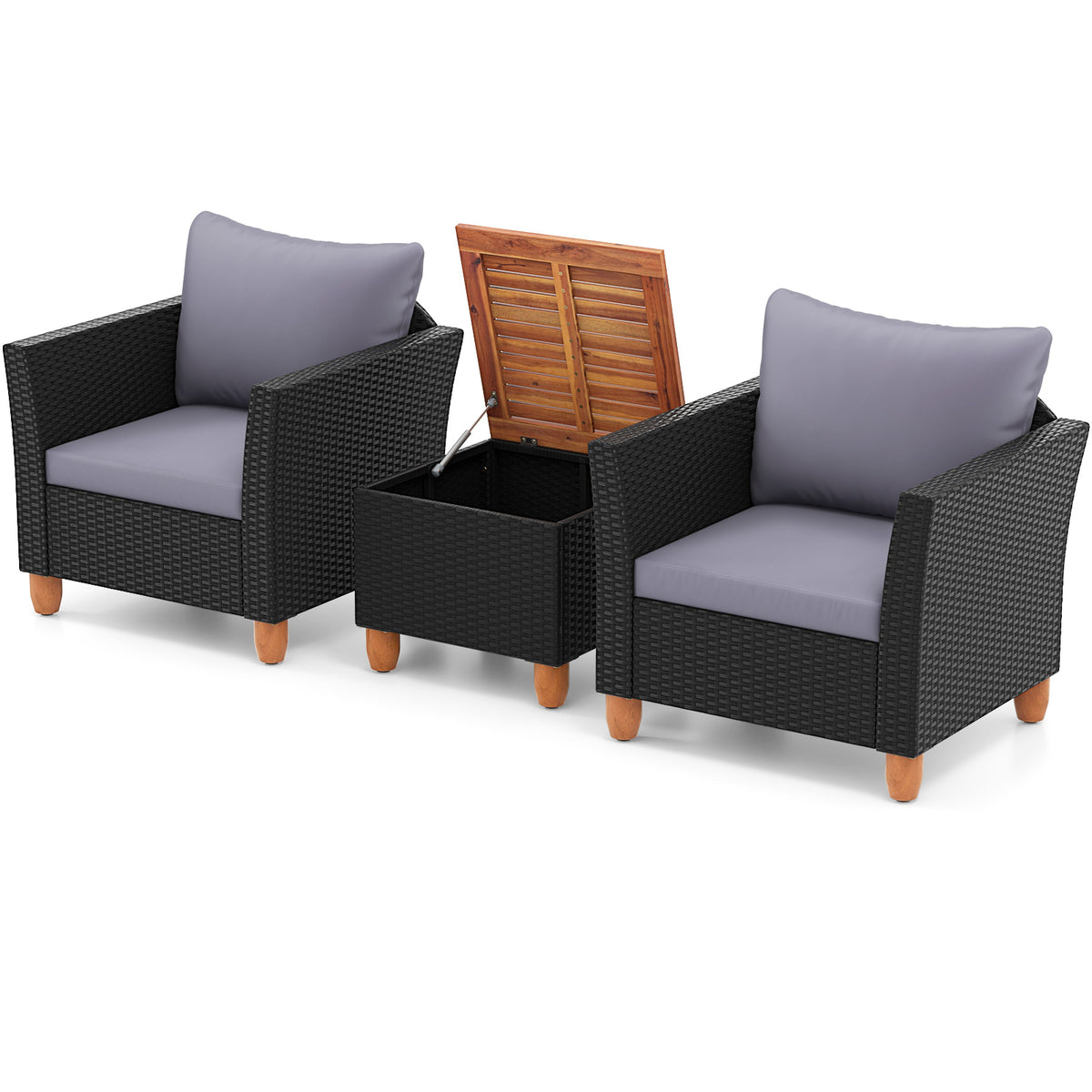 Black Rattan Patio Set with Cushions & Acacia Wood Coffee Table