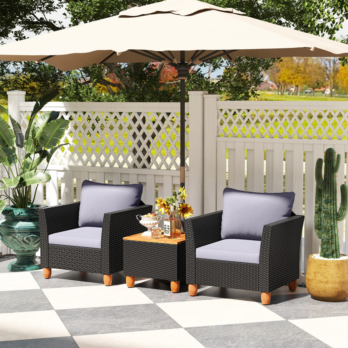 Black Rattan Patio Set with Cushions & Acacia Wood Coffee Table