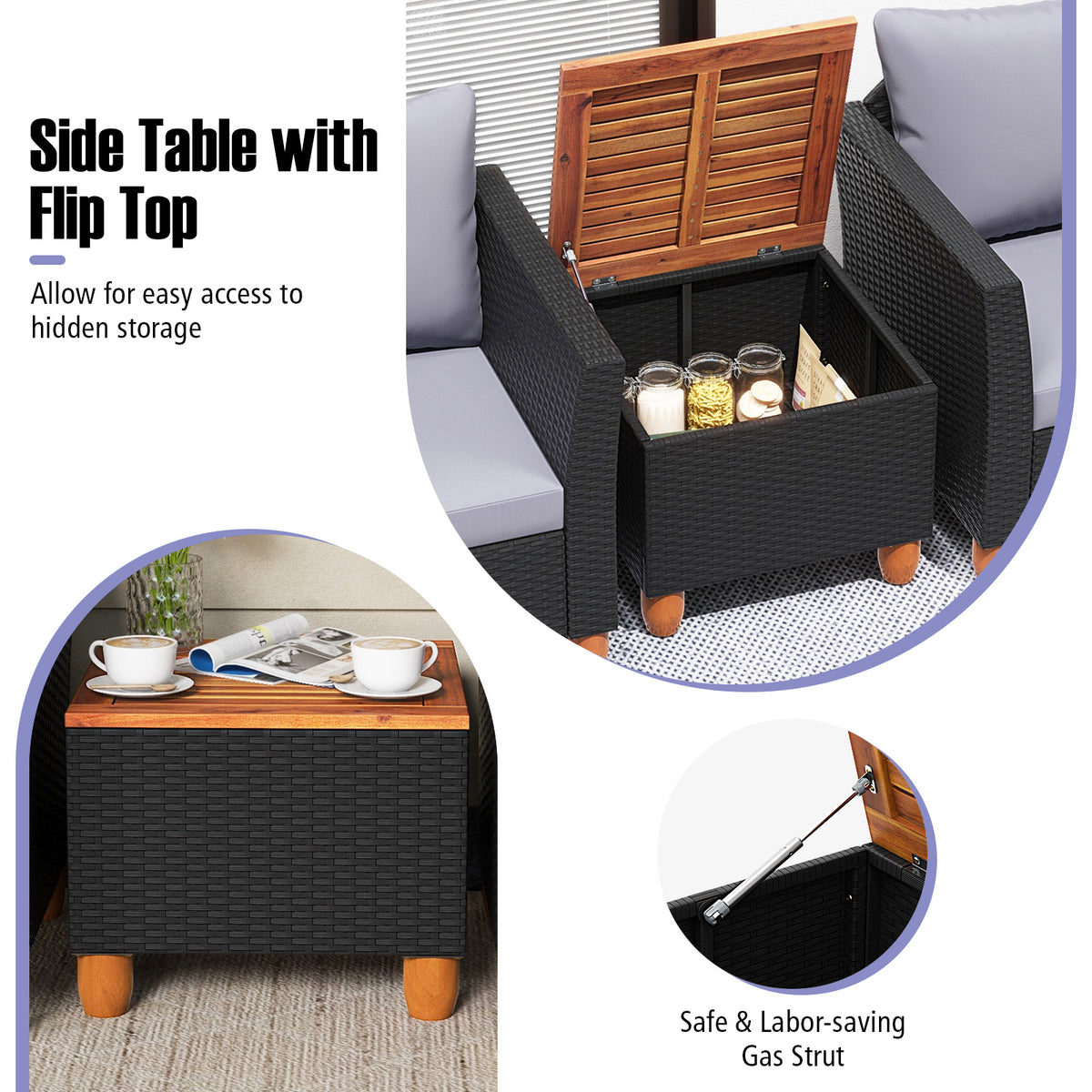 Black Rattan Patio Set with Cushions & Acacia Wood Coffee Table
