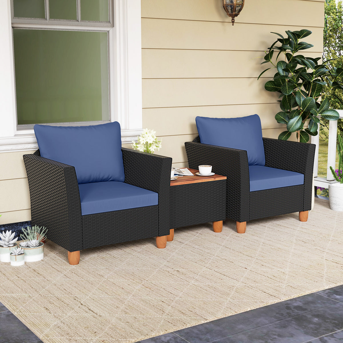 3-Piece Patio Wicker Furniture Set with Cushions & Acacia Coffee Table - Black Rattan