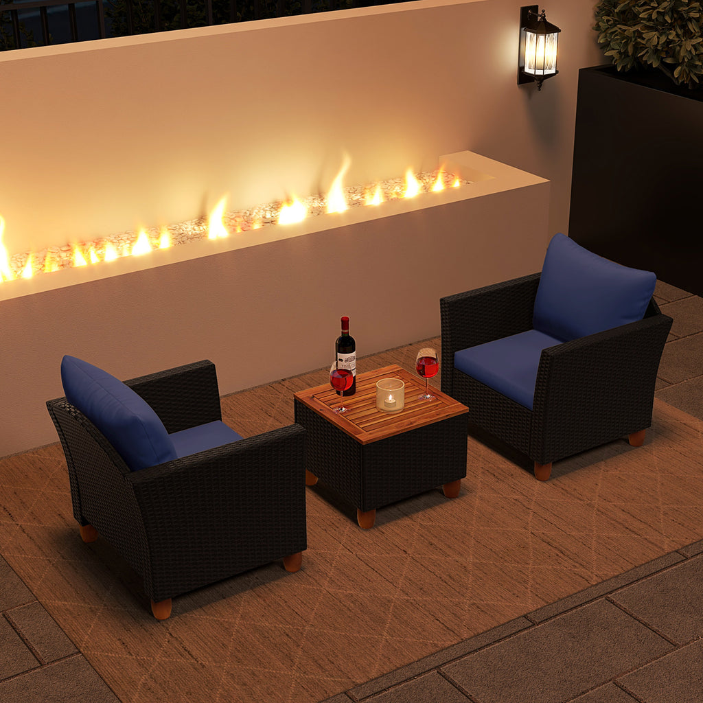 3 Pieces Patio Wicker Furniture Set with Cushions and Acacia Wood