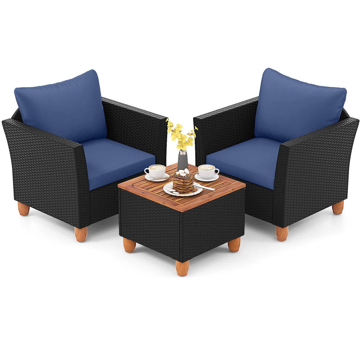 3 Pieces Patio Wicker Furniture Set with Cushions and Acacia Wood