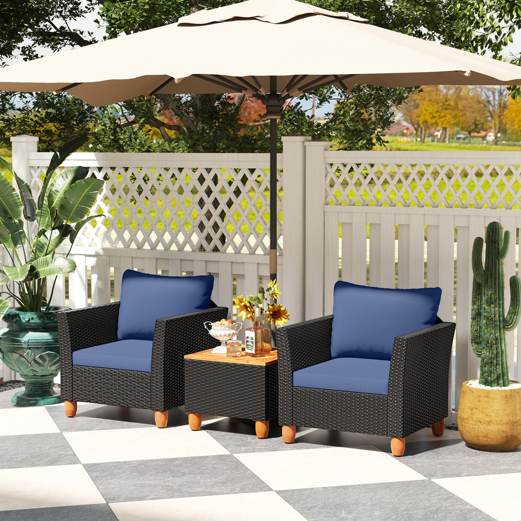 3 Pieces Patio Wicker Furniture Set with Cushions and Acacia Wood