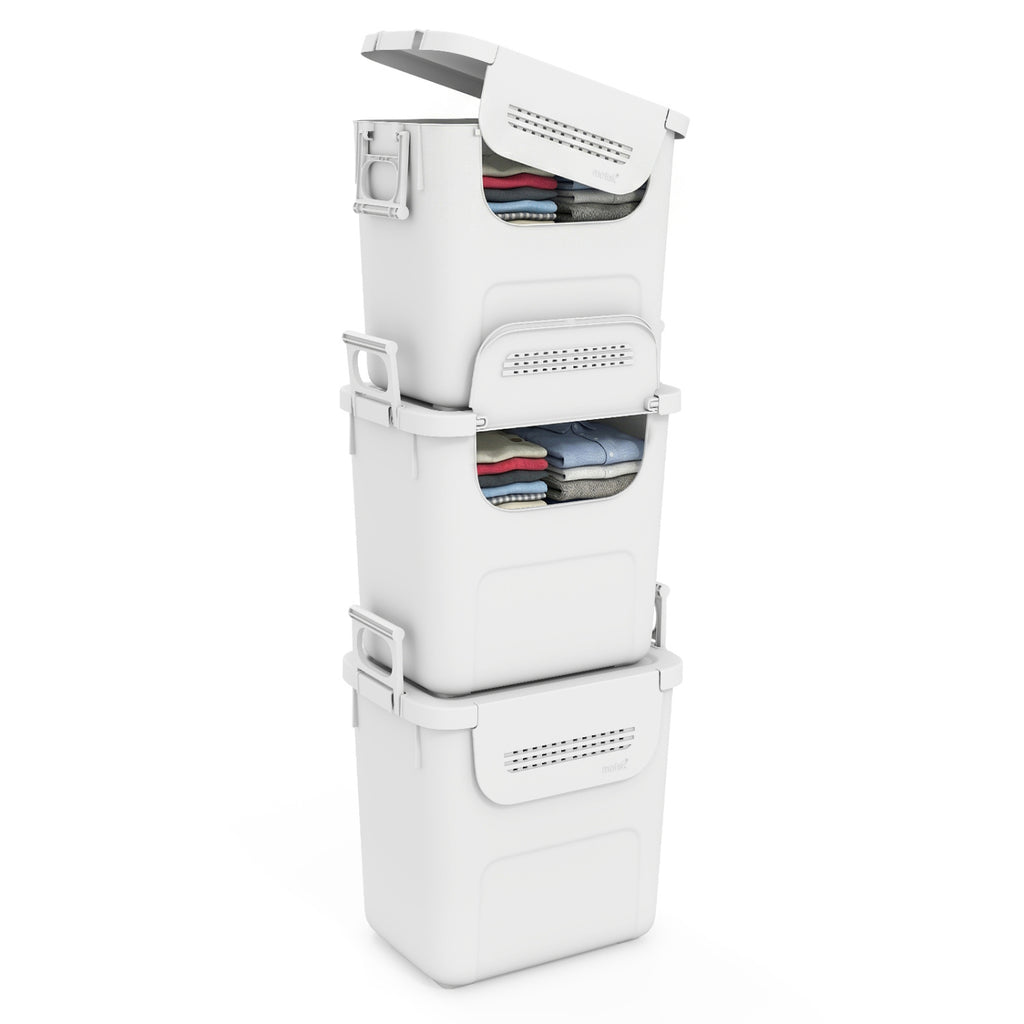 32 QT Plastic Storage Bins Stackable with Front Door - White, Set of 3