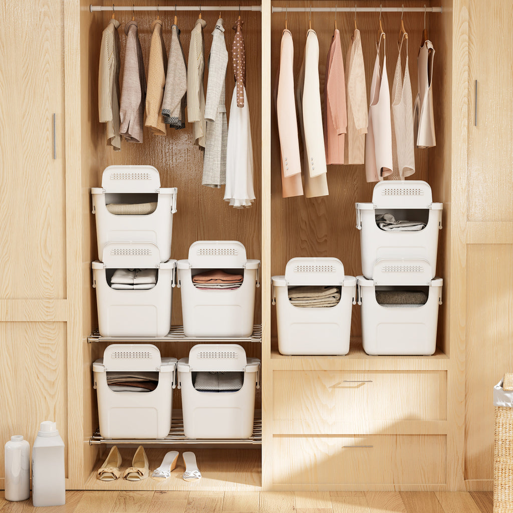32 QT Plastic Storage Bins Stackable with Front Door - White, Set of 3