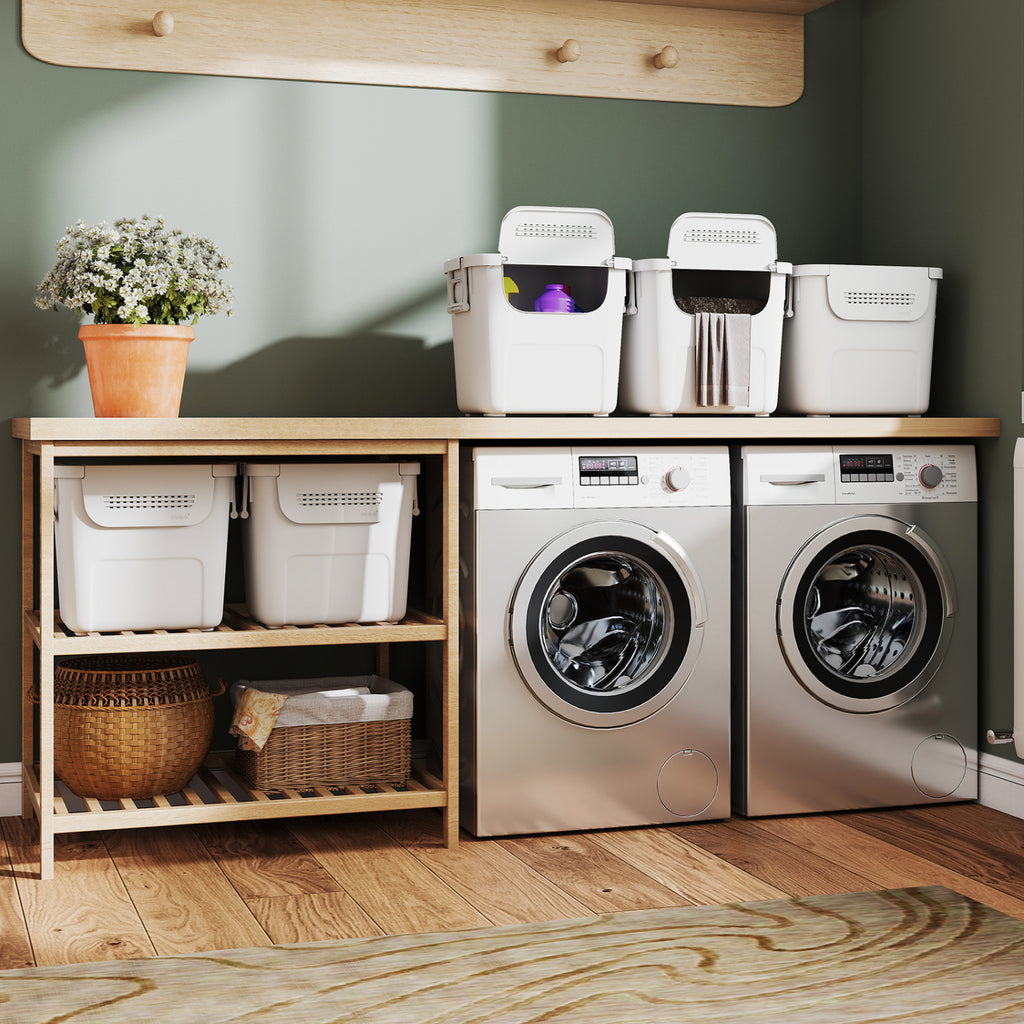 32 QT Plastic Storage Bins Stackable with Front Door - White, Set of 3