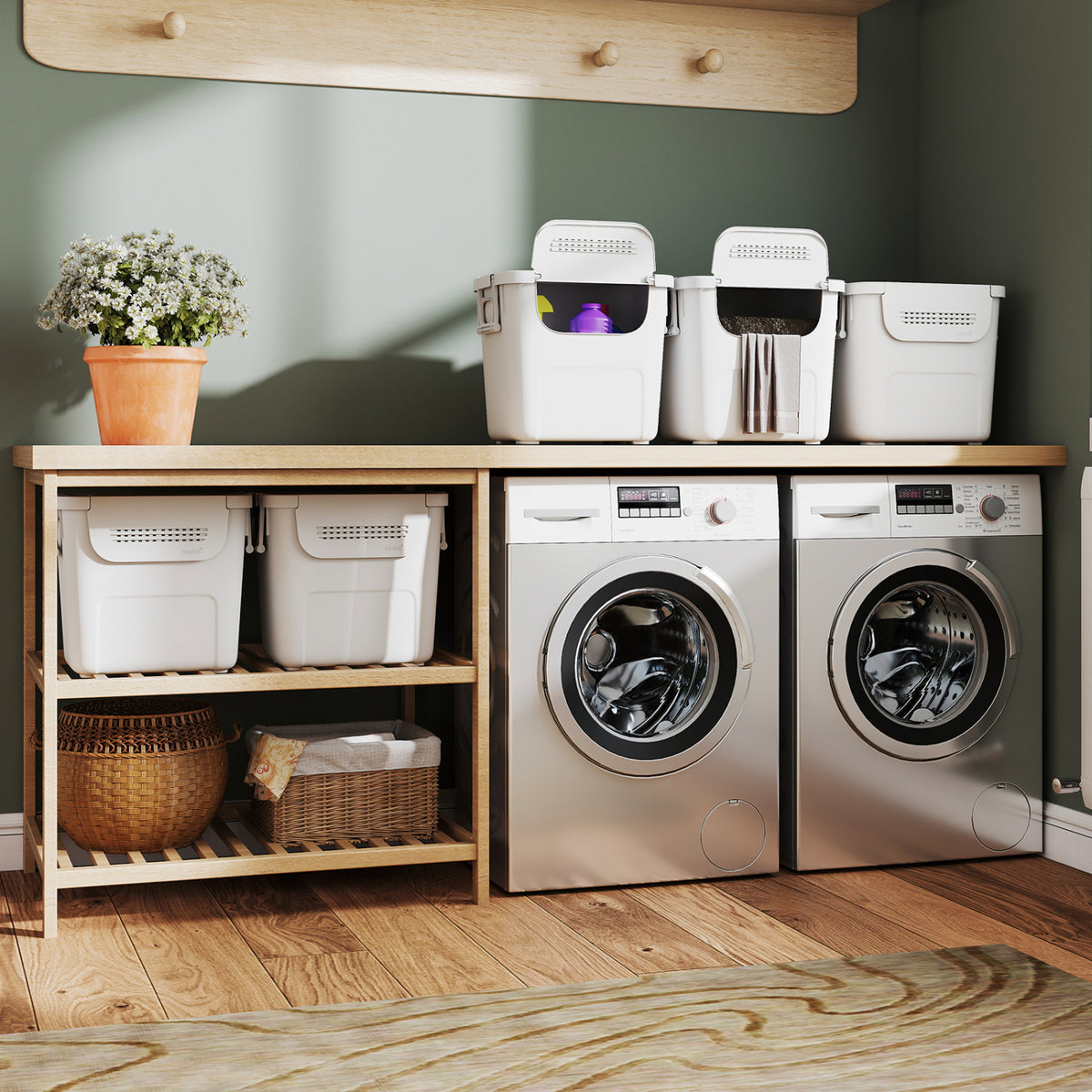 32 QT Plastic Storage Bins Stackable with Front Door - White, Set of 3