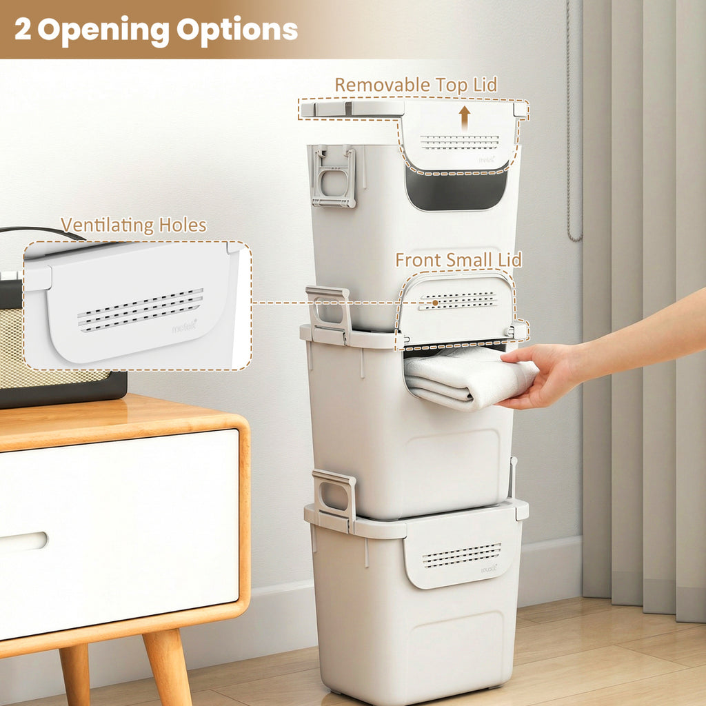 32 QT Plastic Storage Bins Stackable with Front Door - White, Set of 3