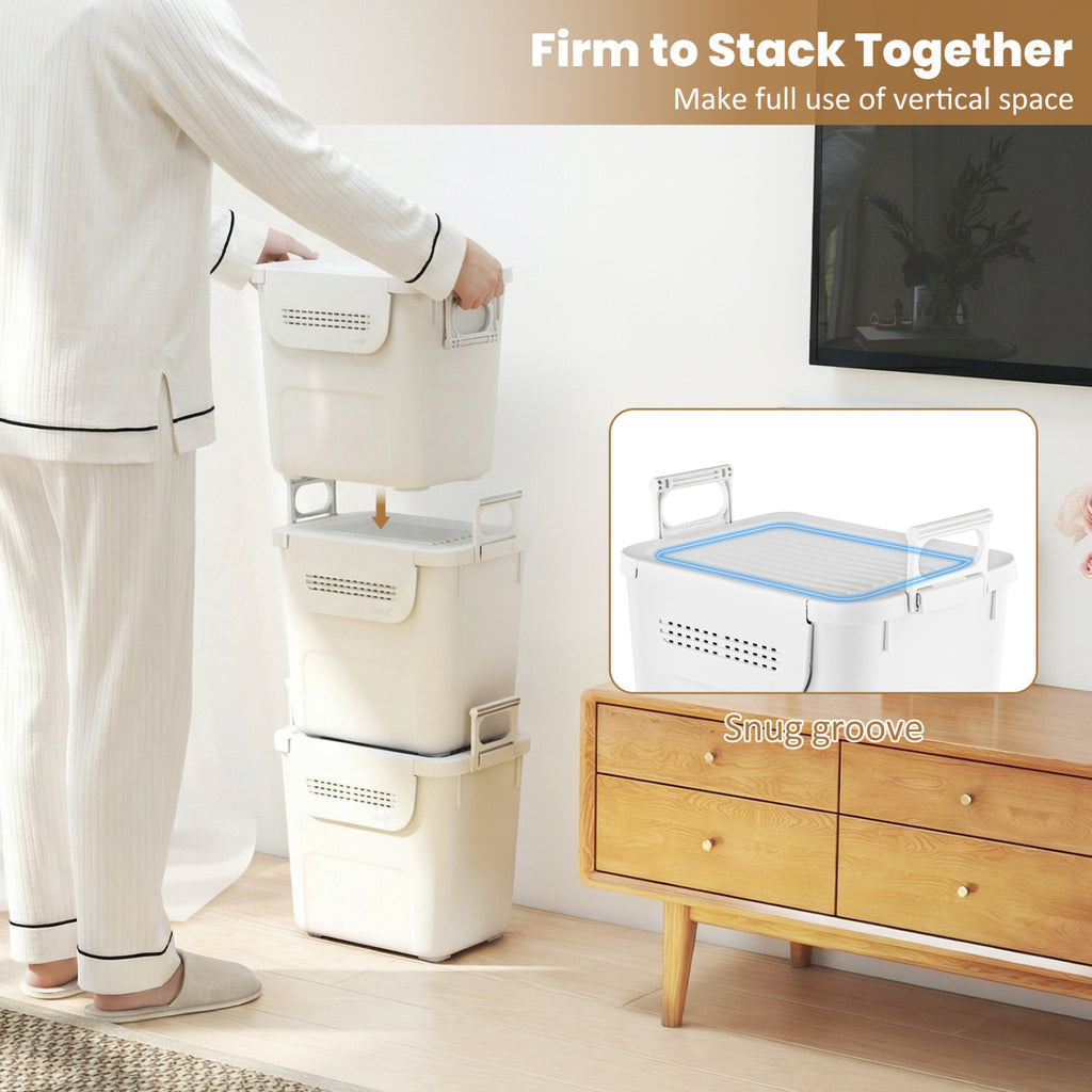 32 QT Plastic Storage Bins Stackable with Front Door - White, Set of 3