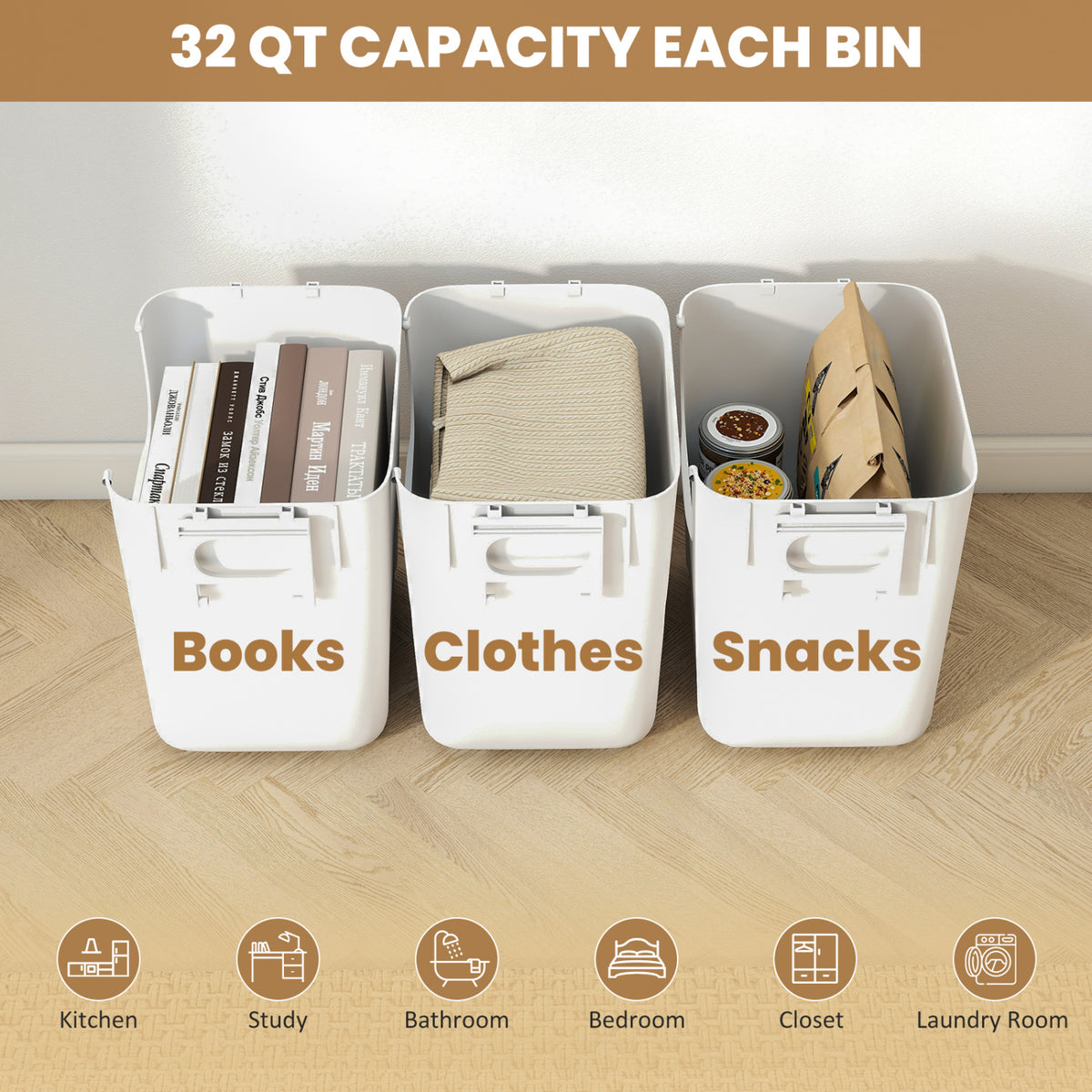 32 QT Plastic Storage Bins Stackable with Front Door - White, Set of 3