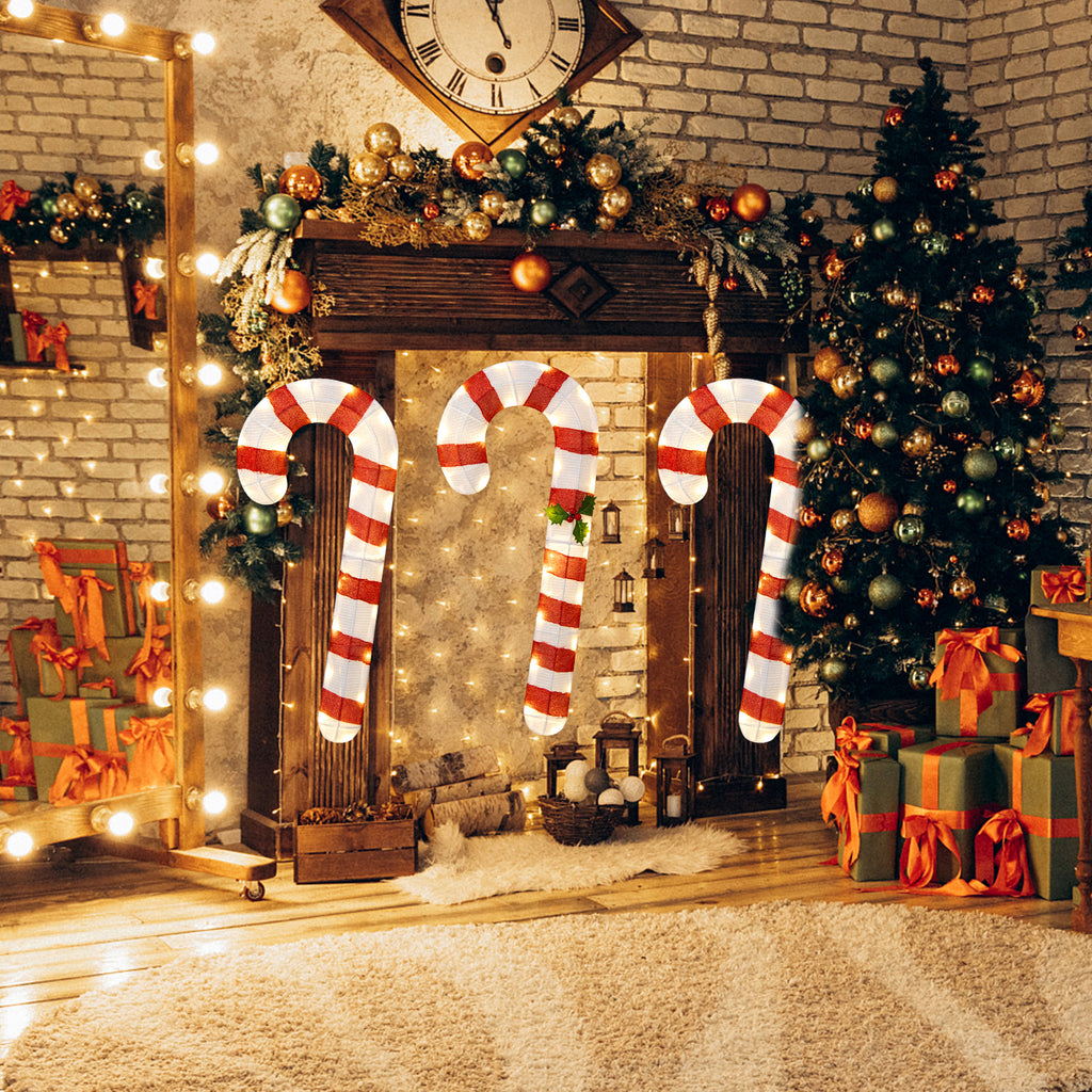 Pre-Lit Candy Cane Lawn Decor with 75 LED Lights and Ground Stakes - Indoor & Outdoor Christmas Holiday Sign