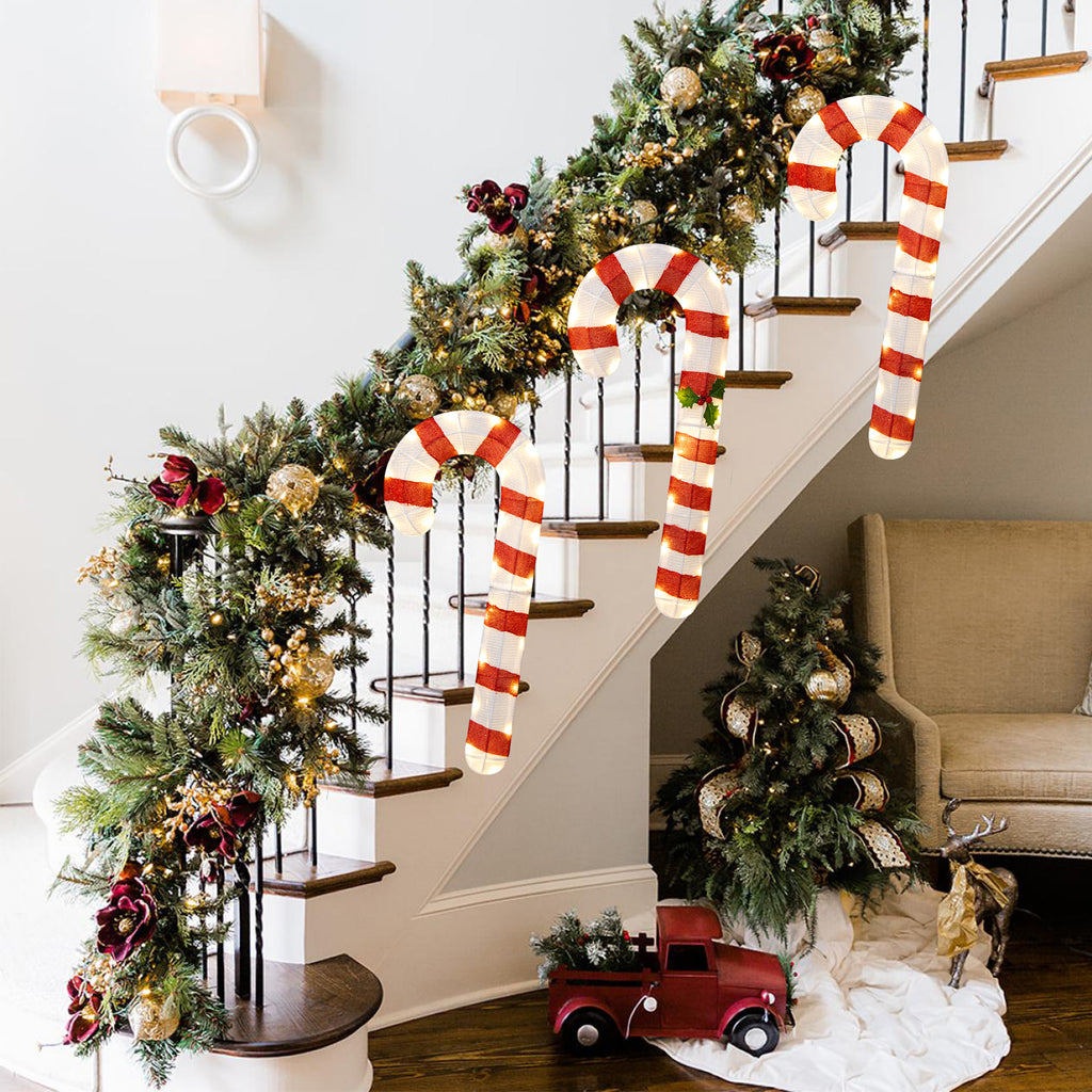 Pre-Lit Candy Cane Lawn Decor with 75 LED Lights and Ground Stakes - Indoor & Outdoor Christmas Holiday Sign