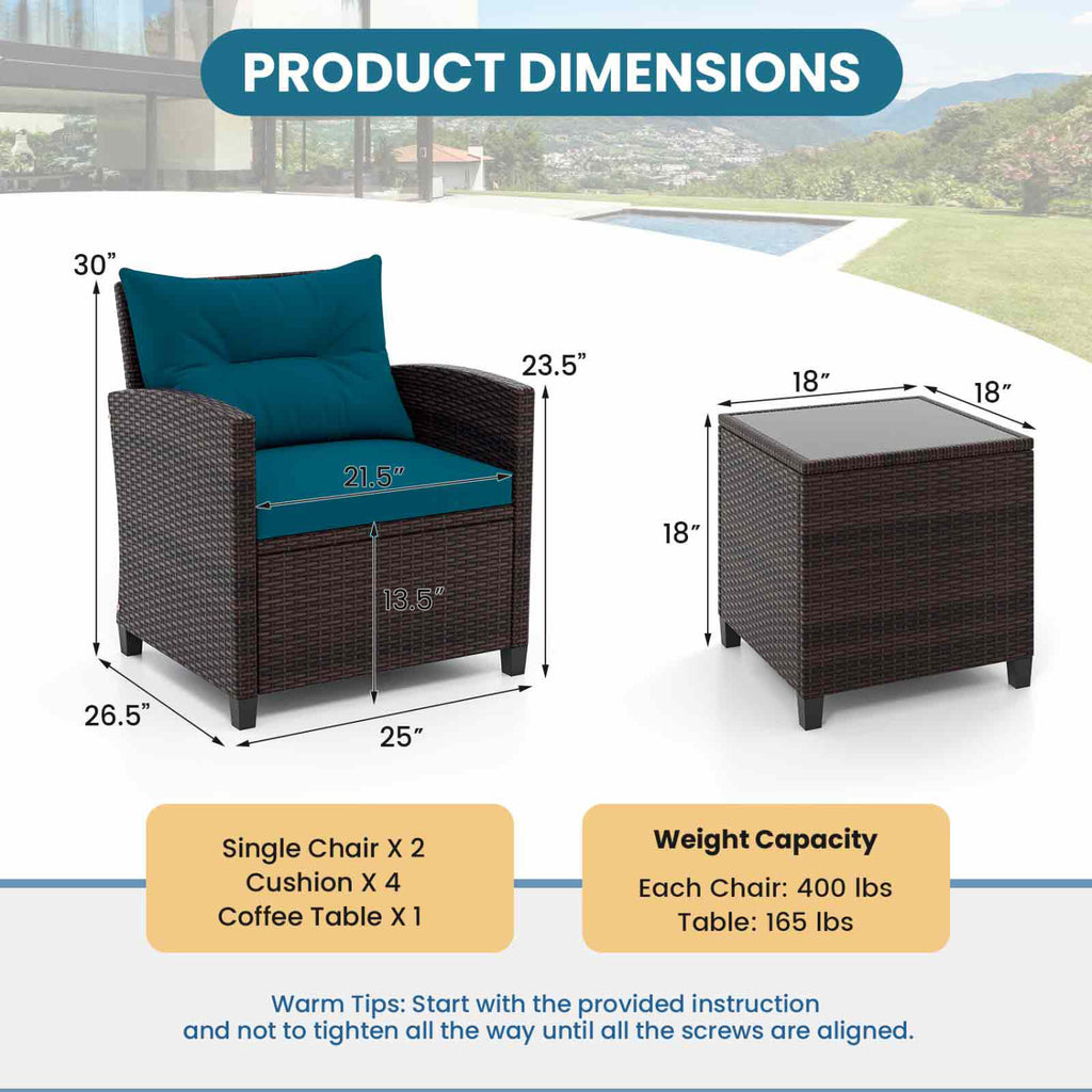 3-Piece Rattan Patio Set with Washable Cushions - Brown, Peacock Blue