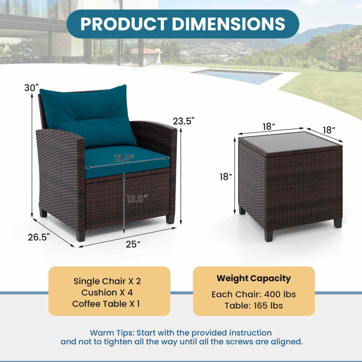 3-Piece Rattan Patio Set with Washable Cushions - Brown, Peacock Blue