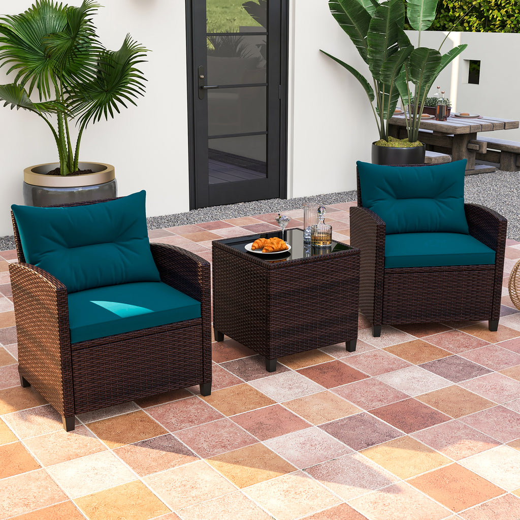 3-Piece Rattan Patio Set with Washable Cushions - Brown, Peacock Blue