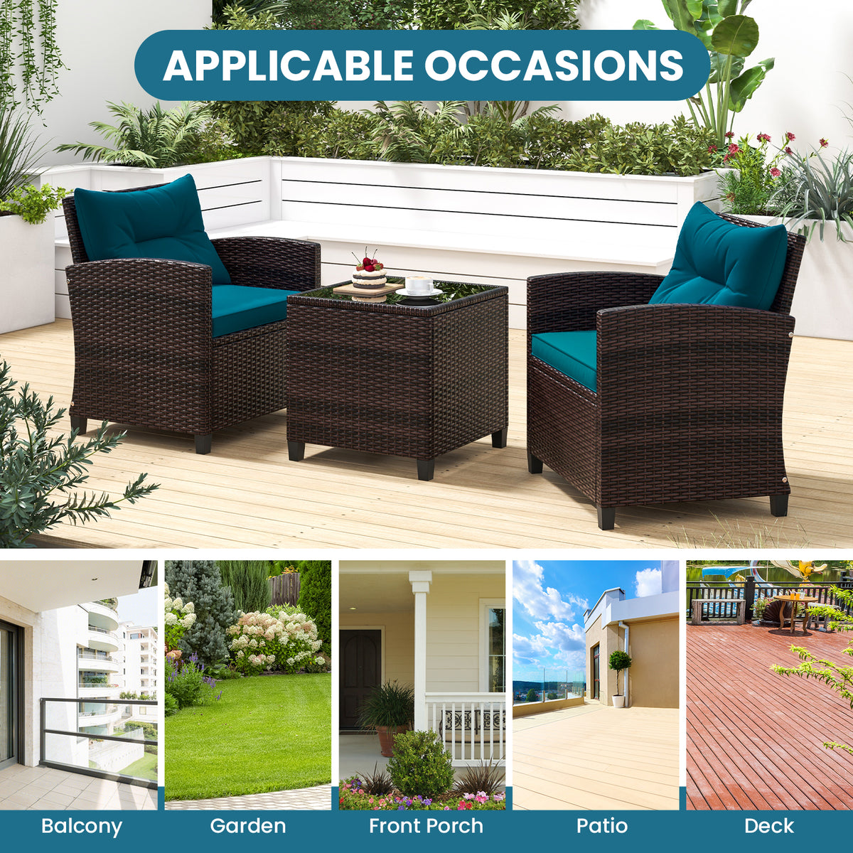 3-Piece Rattan Patio Set with Washable Cushions - Brown, Peacock Blue