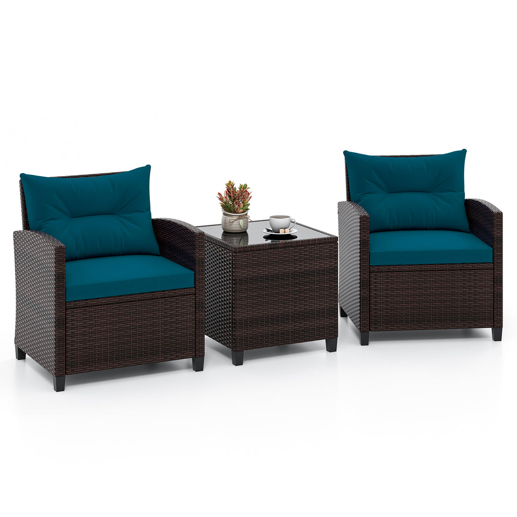 3-Piece Rattan Patio Set with Washable Cushions - Brown, Peacock Blue