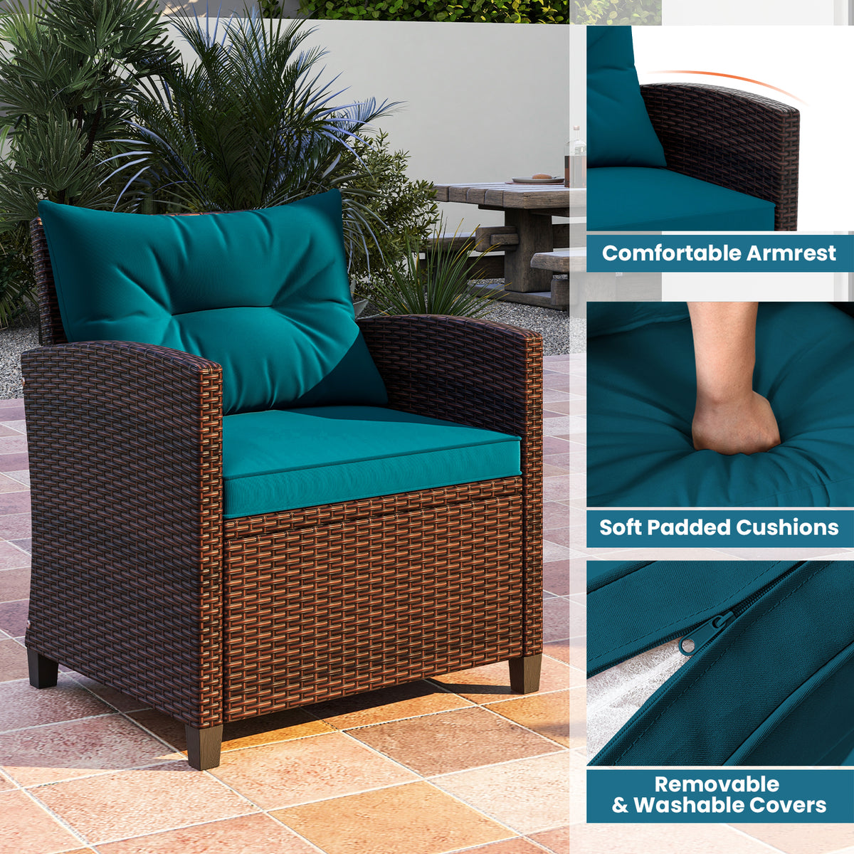 3-Piece Rattan Patio Set with Washable Cushions - Brown, Peacock Blue