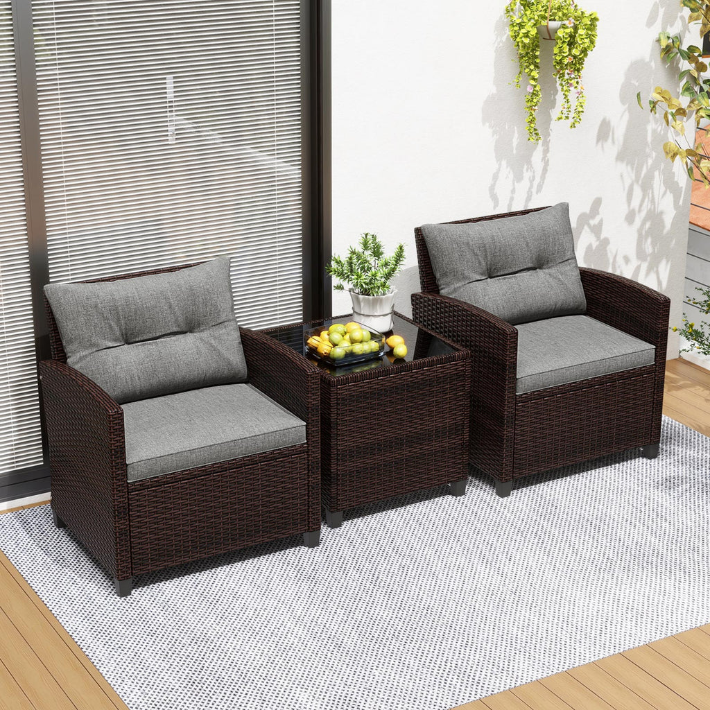 3-Piece Rattan Patio Furniture Set with Cushions - Brown & Gray