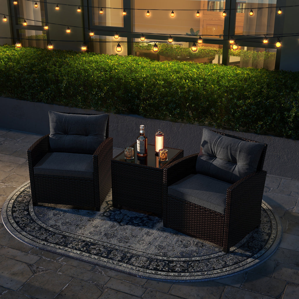 3-Piece Rattan Patio Furniture Set with Cushions - Brown & Gray