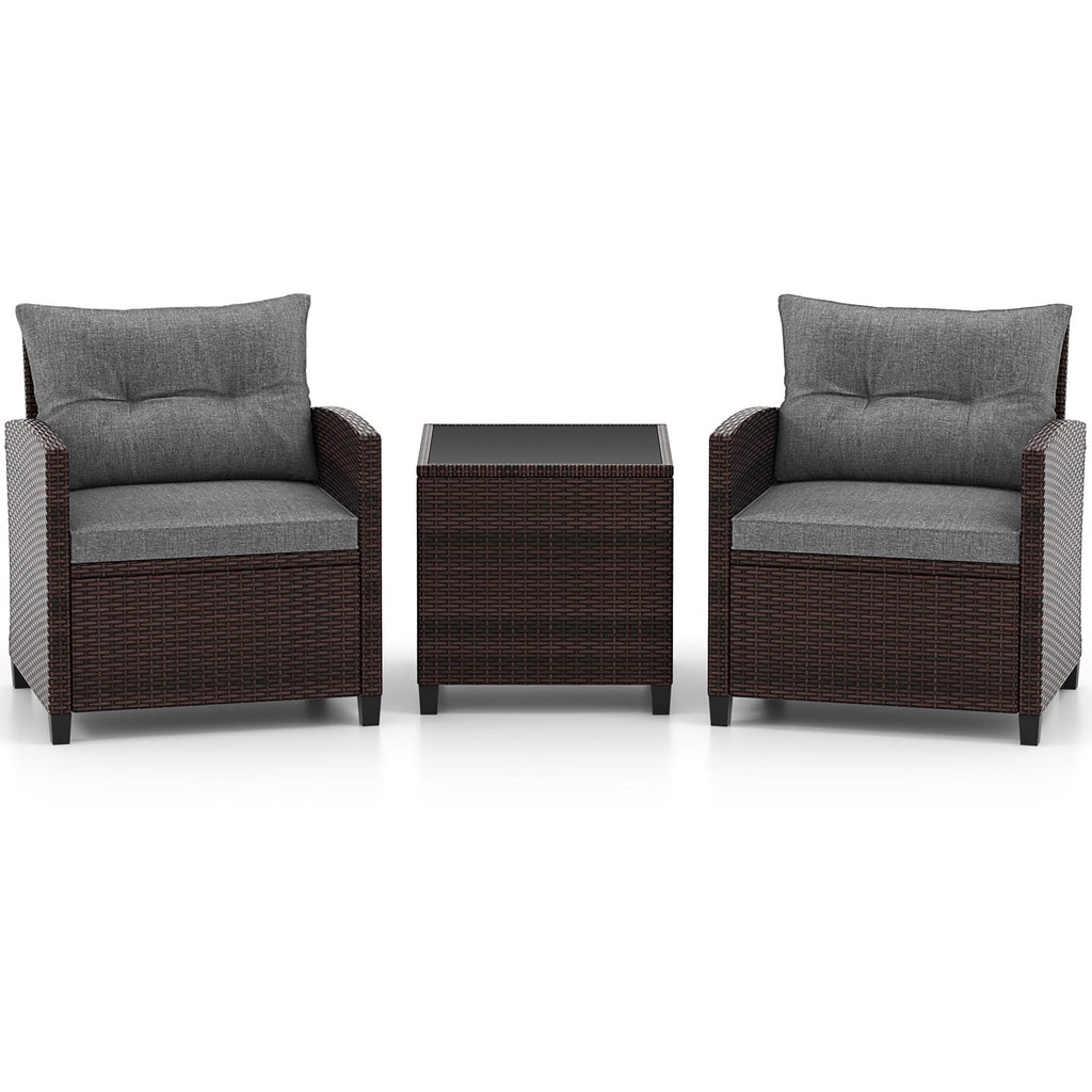 3-Piece Rattan Patio Furniture Set with Cushions - Brown & Gray
