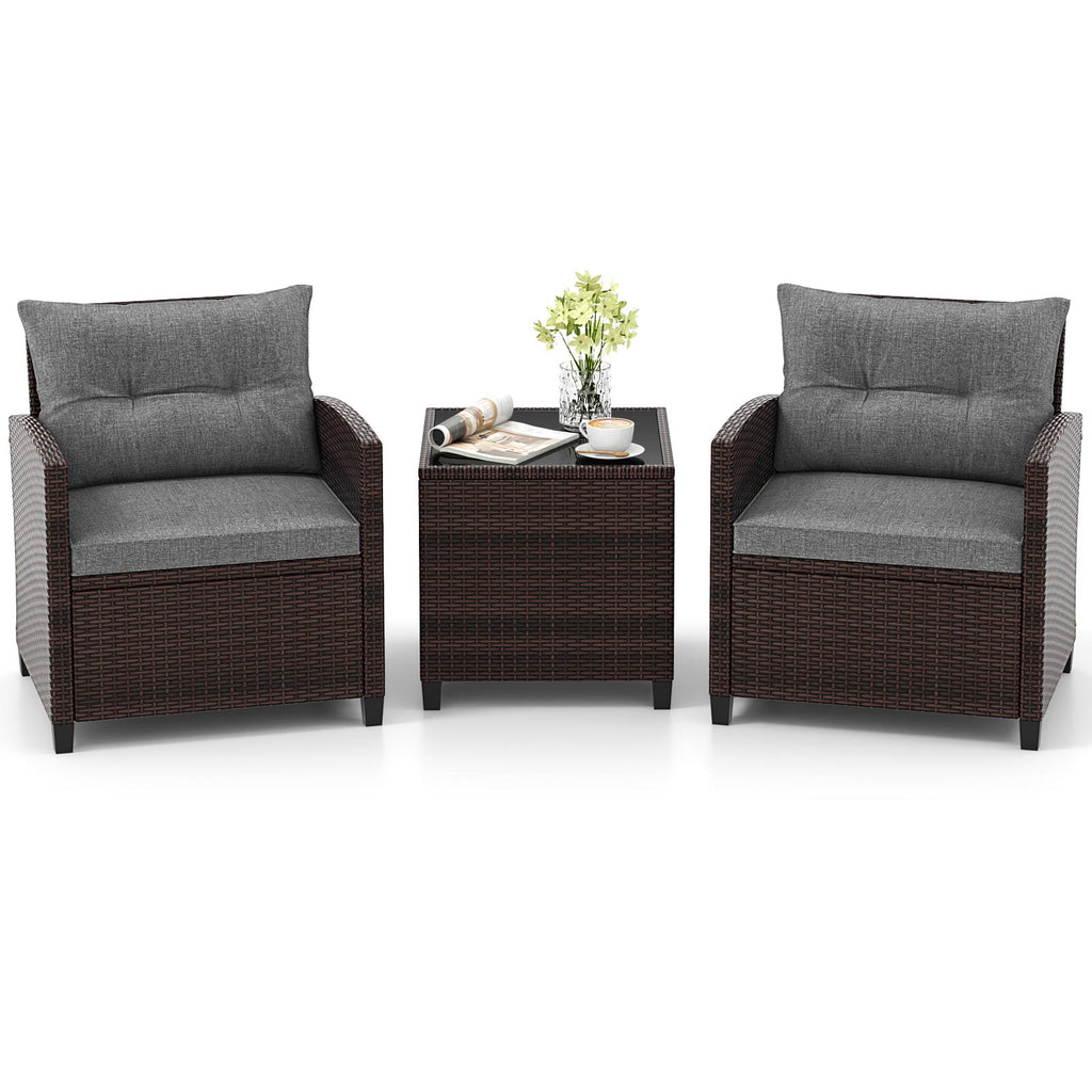 3-Piece Rattan Patio Furniture Set with Cushions - Brown & Gray