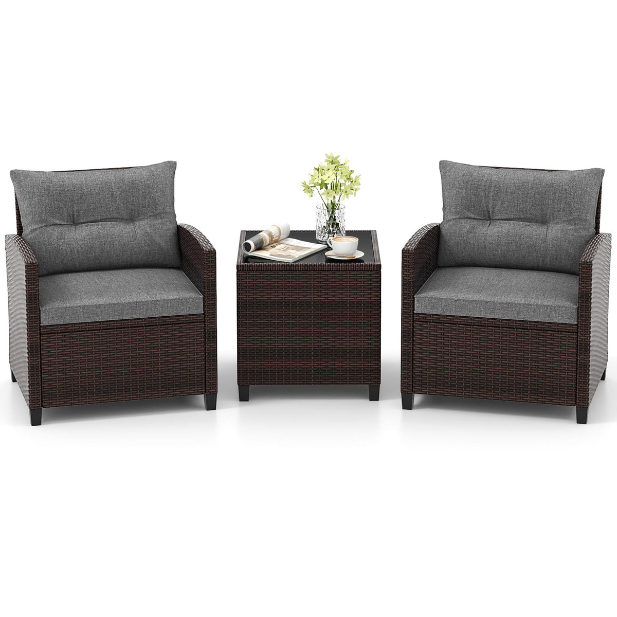 3-Piece Rattan Patio Furniture Set with Cushions - Brown & Gray