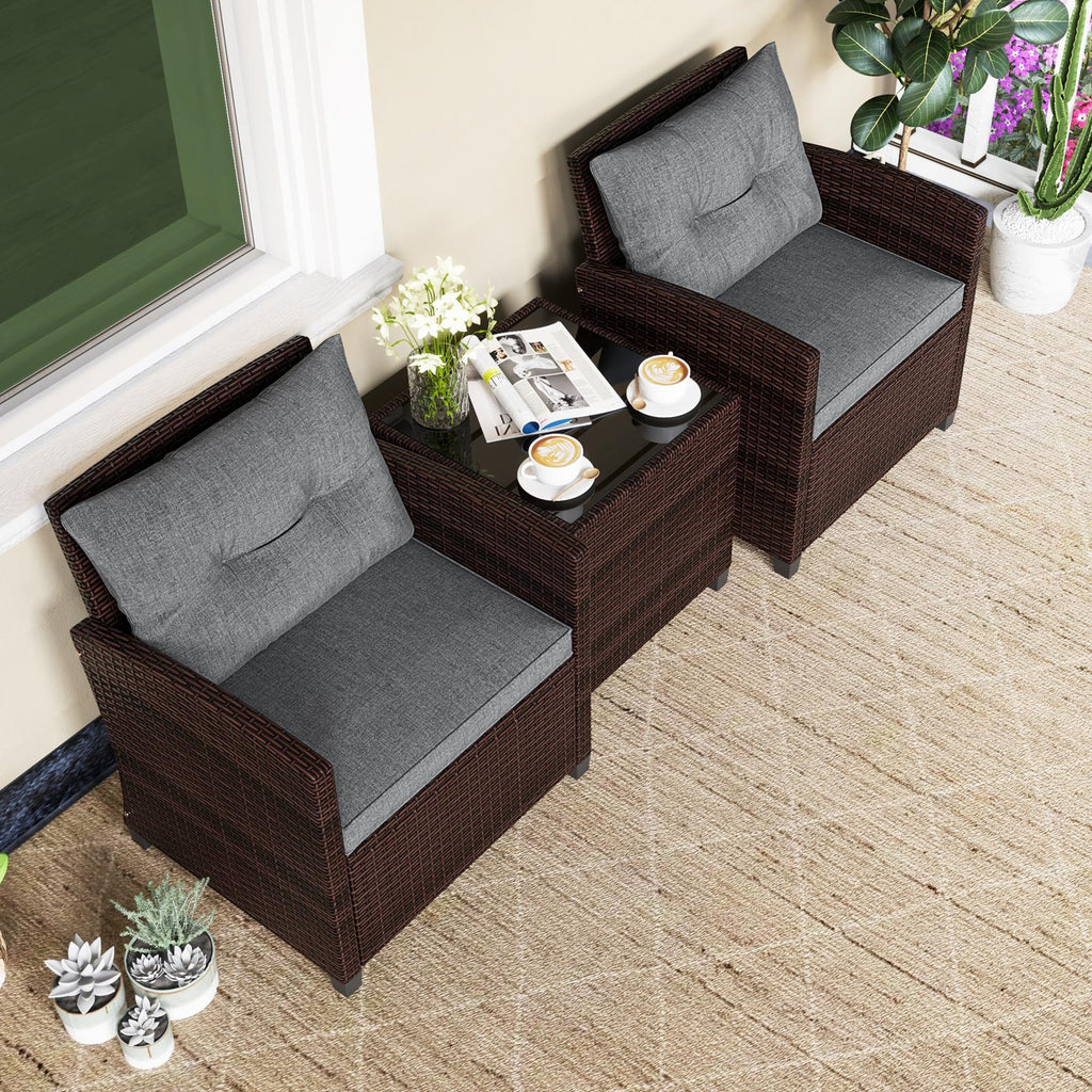 3-Piece Rattan Patio Furniture Set with Cushions - Brown & Gray