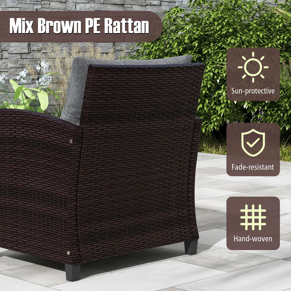 3-Piece Rattan Patio Furniture Set with Cushions - Brown & Gray