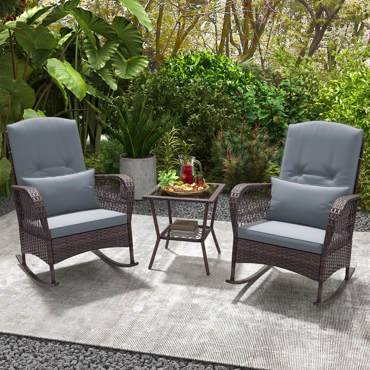 3-Piece Rocking Bistro Set with Coffee Table - Gray