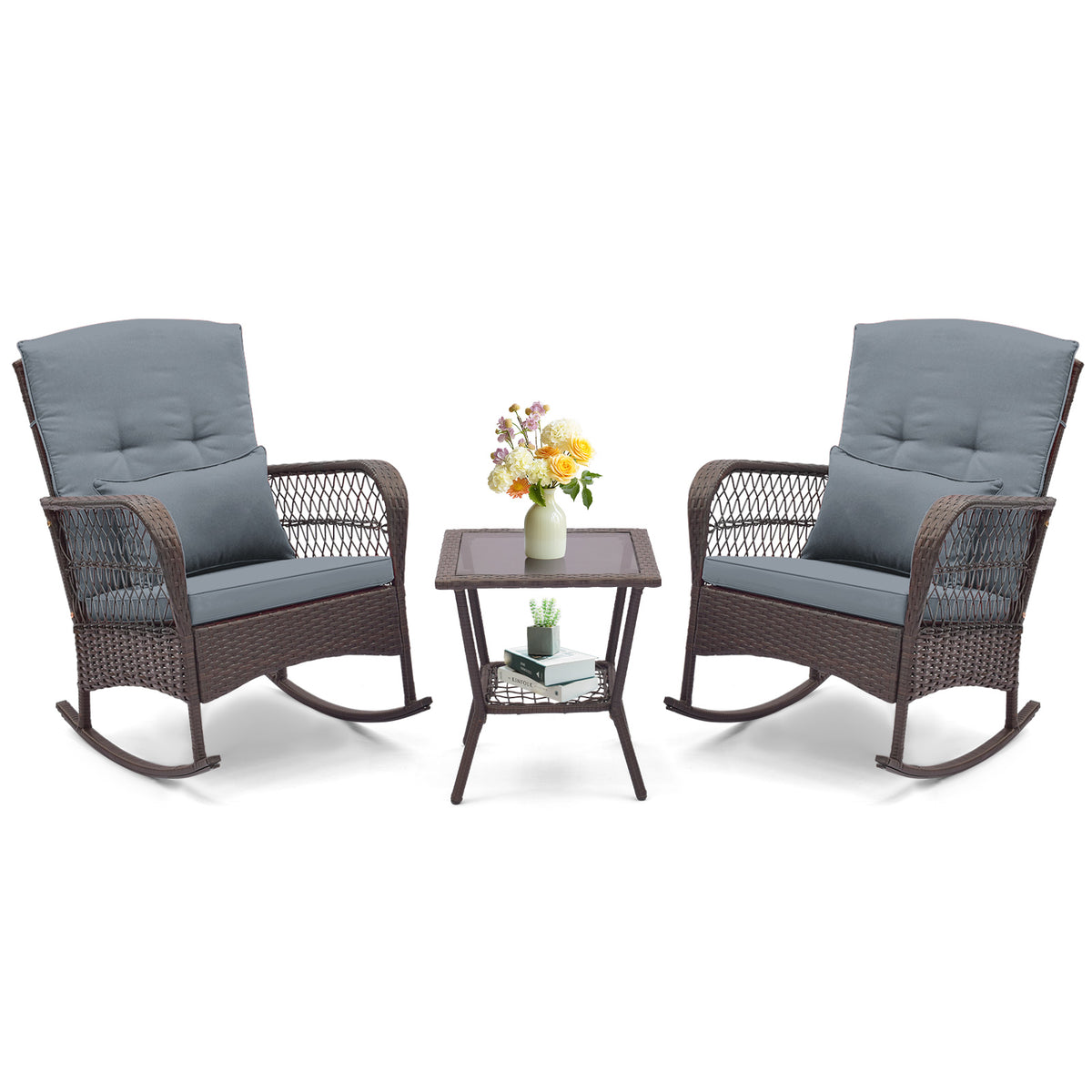 3-Piece Rocking Bistro Set with Coffee Table - Gray