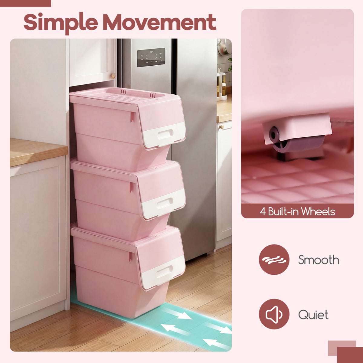 3-Piece Storage Bins with Wheels, 35 QT, Pink
