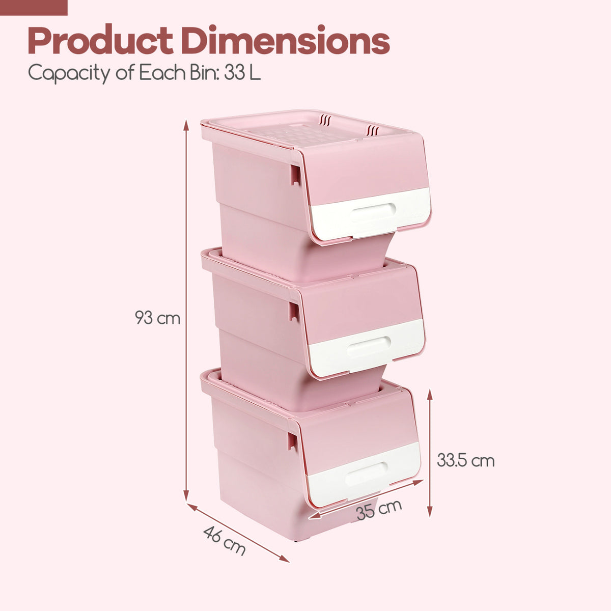 3-Piece Storage Bins with Wheels, 35 QT, Pink