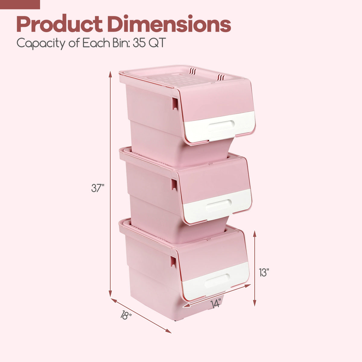 3-Piece Storage Bins with Wheels, 35 QT, Pink