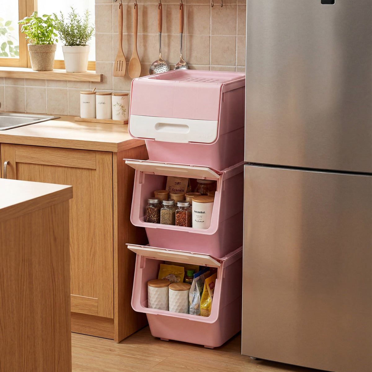 3-Piece Storage Bins with Wheels - 12.5 QT, Pink