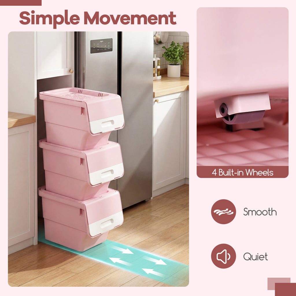 3-Piece Storage Bins with Wheels - 12.5 QT, Pink