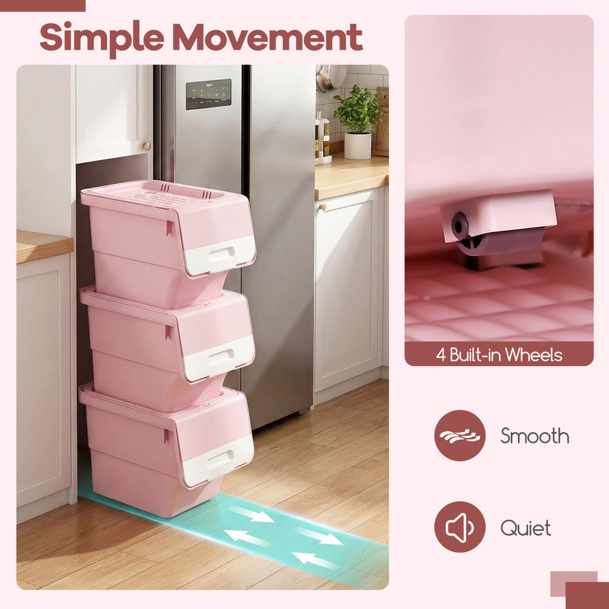3-Piece Storage Bins with Wheels - 12.5 QT, Pink