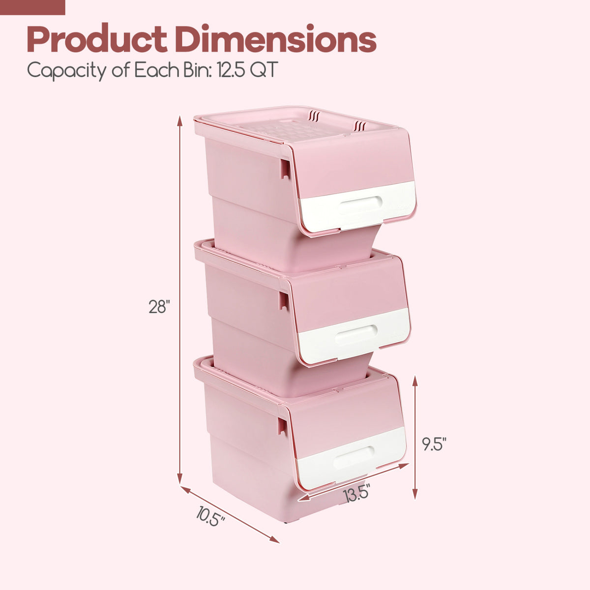 3-Piece Storage Bins with Wheels - 12.5 QT, Pink